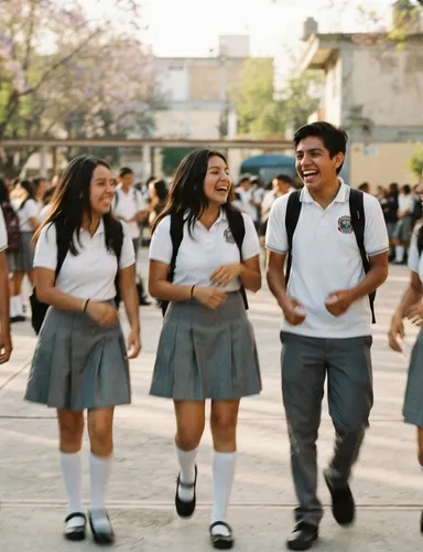 Escena ilustrativa de estudiantes frente a una escuela