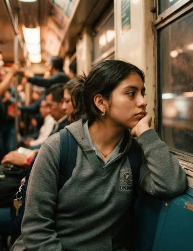 Escena ilustrativa de una estudiante en transporte público